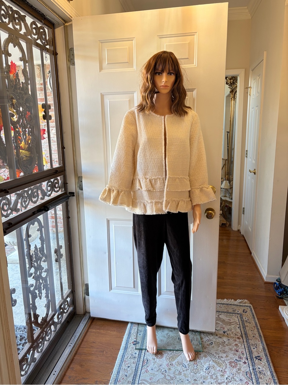 Ann Taylor Cream Ruffle-Hem Cotton/Acrylic/Wool Jacket